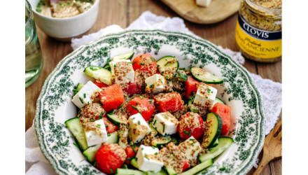 Salade pastèque, concombre, feta à la moutarde à l’ancienne